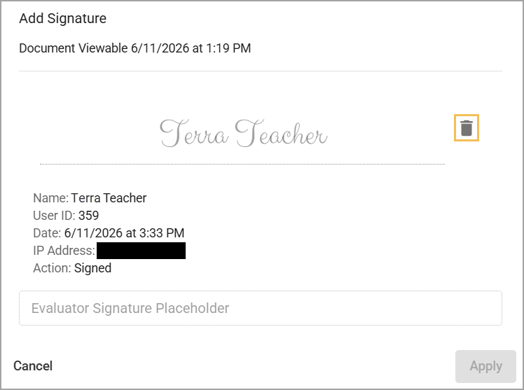 Document signature section showing user details and action taken by Terra Teacher, with the ability to delete the signature.